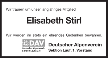 Traueranzeige von Elisabeth Stirl von Pegnitz-Zeitung